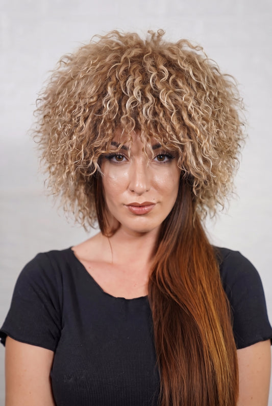 Mongolian Sheepskin Hat Light Brown — Curly Lamb Fur, One Size shown from the front, full round silhouette of milky caramel light brown Mongolian lamb curls over the forehead — handmade in Greece, TatiFurs