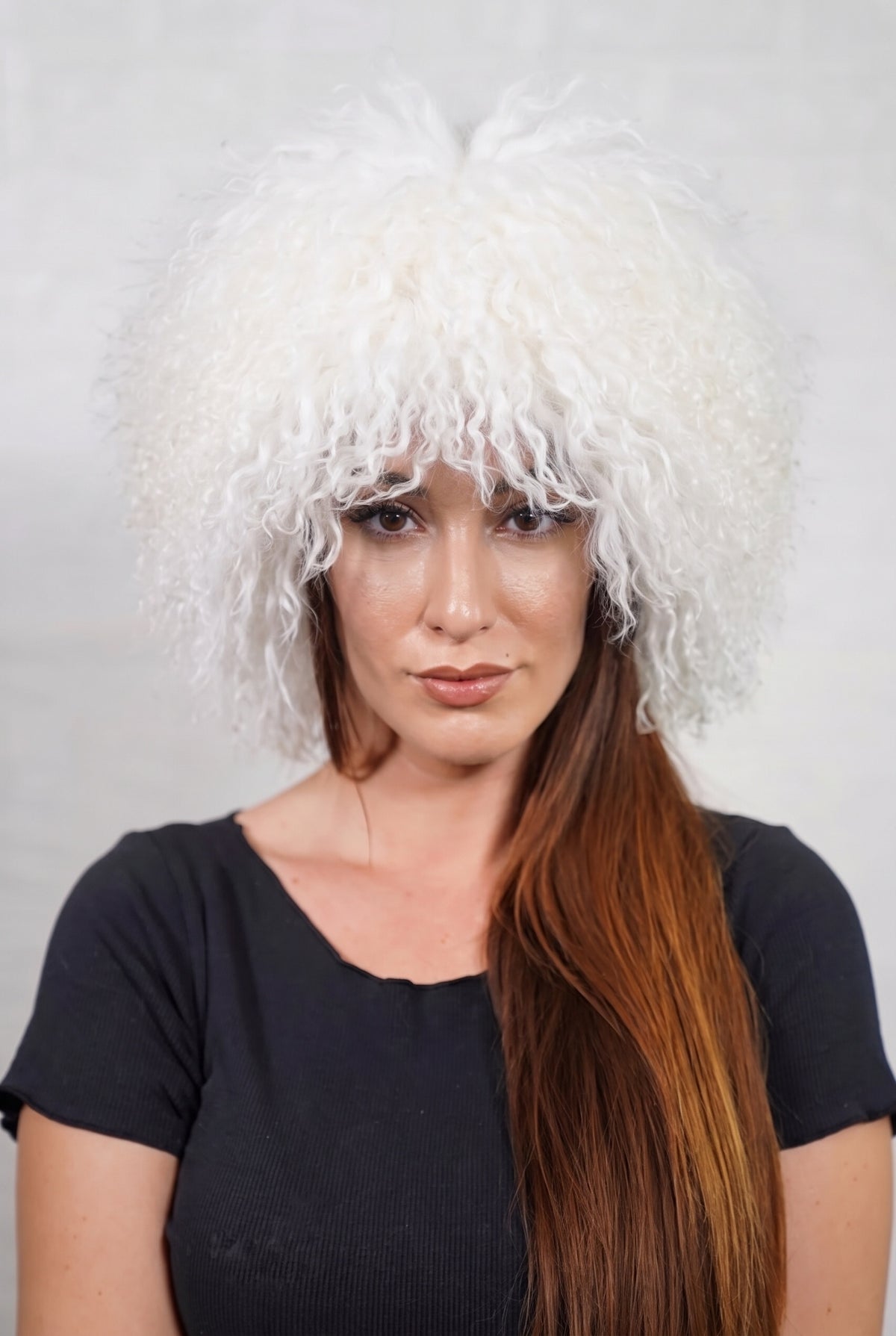 Mongolian Sheepskin Hat White — Curly Lamb Fur, One Size shown from the front, full round silhouette of pure snow white Mongolian lamb curls over the forehead — handmade in Greece, TatiFurs