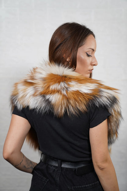 Fox fur collar red natural close-up texture showing full skin natural Canadian red fox pile depth and warm orange white tonal variation — Greek craftsmanship, TatiFurs
