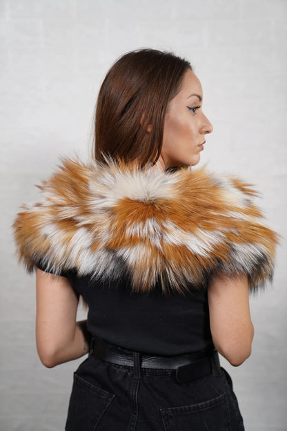 Fox fur collar red natural shown flat displaying full collar length 55cm each side and 14cm diameter natural Canadian red fox — Greek craftsmanship, TatiFurs
