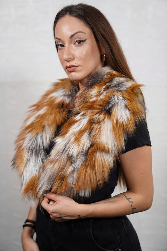 Fox fur collar red natural detachable full skin Canadian fox women — front view worn as collar, TatiFurs
