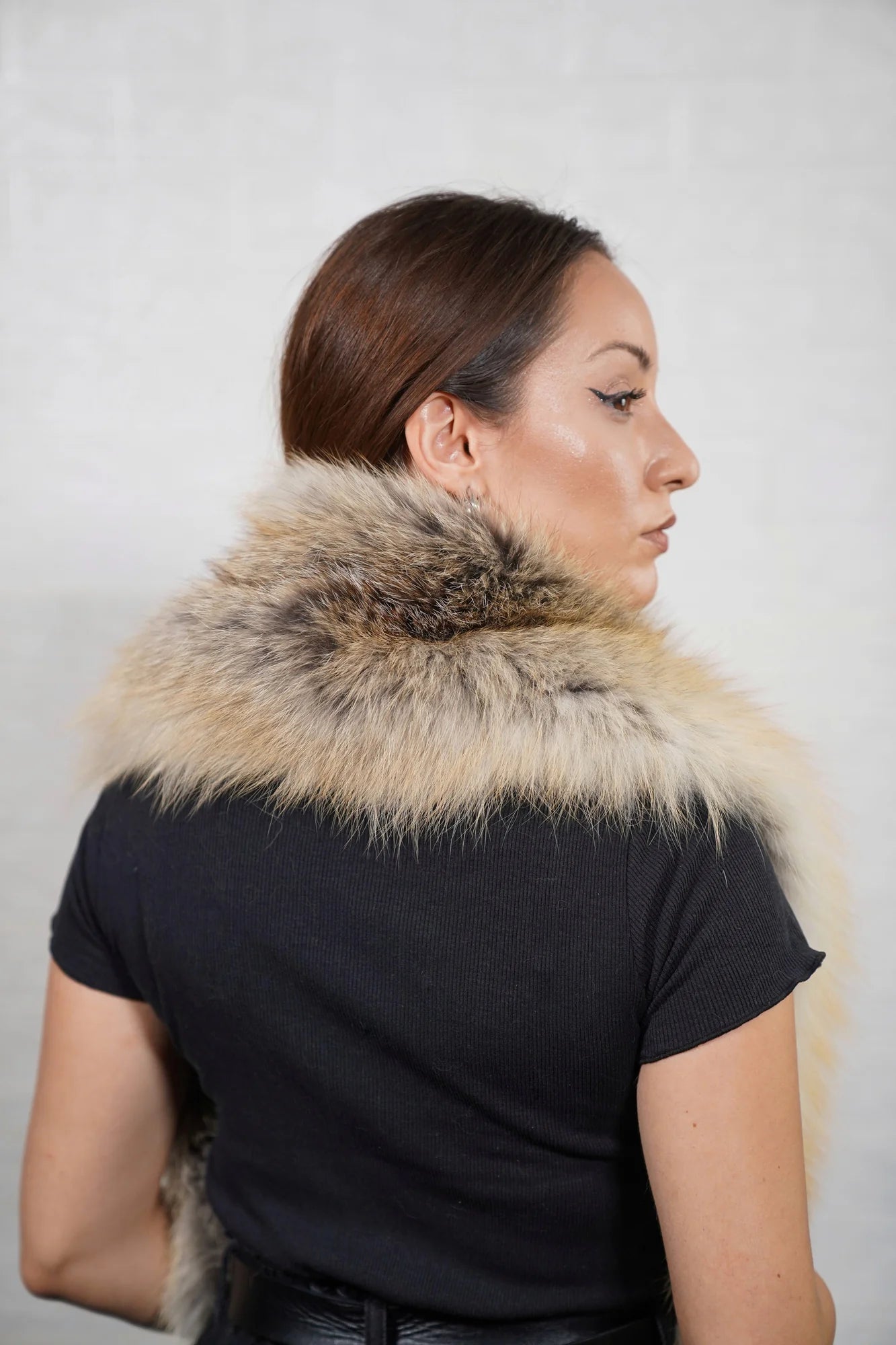 Fox fur scarf golden island shown full length flat displaying consistent warm radiant golden island fox pile across 110cm — Greek craftsmanship, TatiFurs
