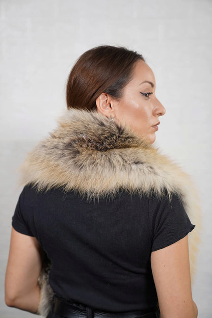 Fox fur scarf golden island shown full length flat displaying consistent warm radiant golden island fox pile across 110cm — Greek craftsmanship, TatiFurs
