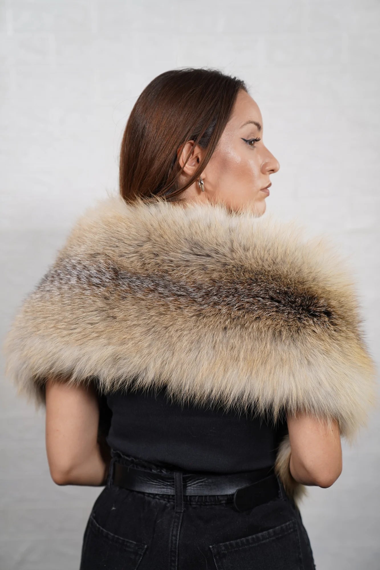 Fox fur scarf golden island close-up texture showing full skin golden island fox long pile depth and warm radiant tonal variation — Greek craftsmanship, TatiFurs
