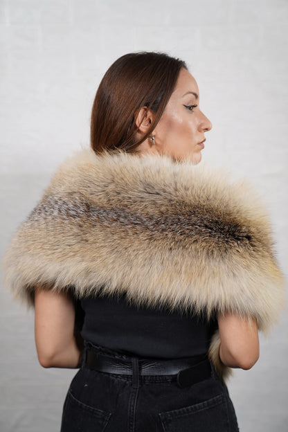 Fox fur scarf golden island close-up texture showing full skin golden island fox long pile depth and warm radiant tonal variation — Greek craftsmanship, TatiFurs
