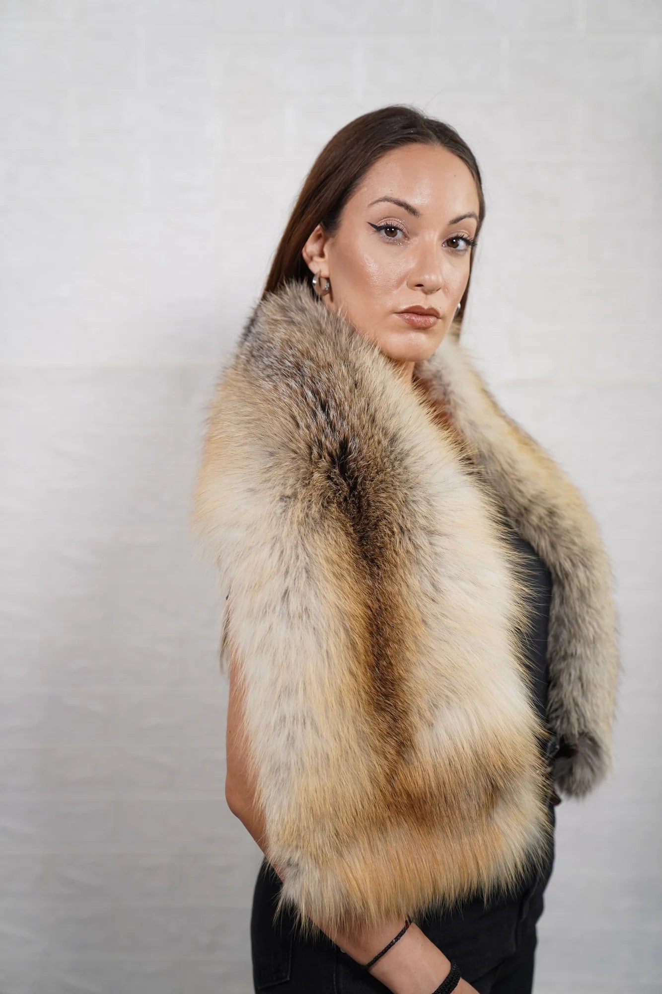 Fox fur scarf golden island full skin women — flat view, TatiFurs
