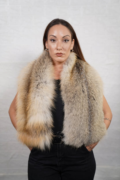Fox fur scarf golden island worn draped over coat showing warm radiant golden island fox fur at neckline — Greek craftsmanship, TatiFurs
