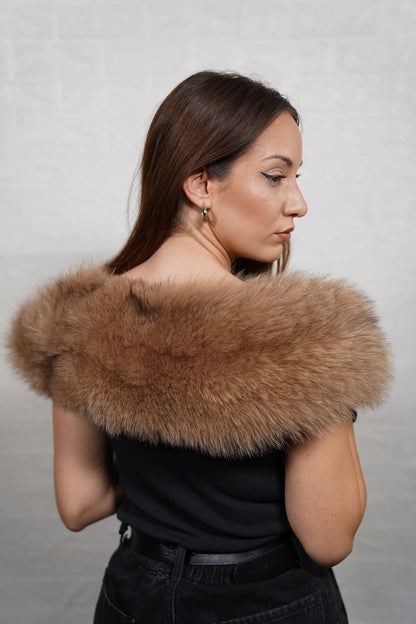 Fox fur collar camel brown shown flat displaying full collar length 55cm each side and 14cm diameter full skin camel brown fox — Greek craftsmanship, TatiFurs
