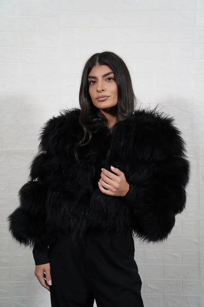 Alpaca fur jacket black leather trim cropped bomber women — front view, TatiFurs
