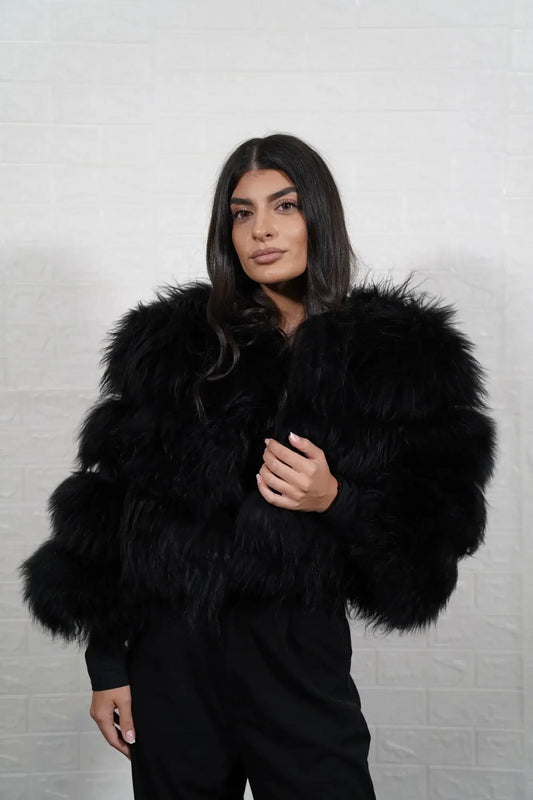 Alpaca fur jacket black leather trim cropped bomber women — front view, TatiFurs
