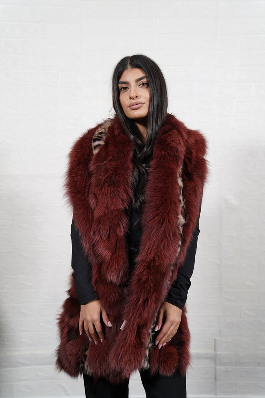 Fox fur scarf red leopard extra long rabbit print women — front view flat, TatiFurs
