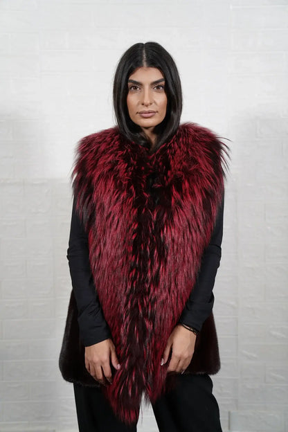 mink fur jacket with fox — side profile, hip level silhouette, fox panels framing front — Greek craftsmanship, TatiFurs
