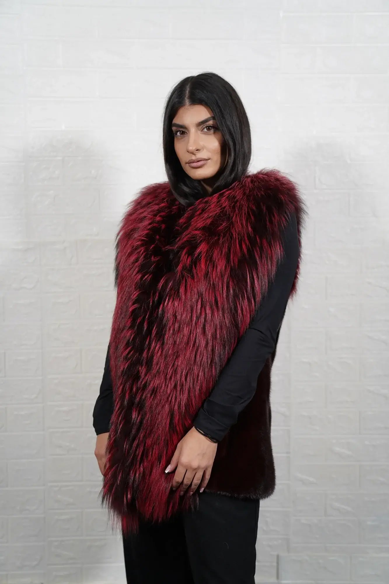 mink fur jacket with fox — oversized fox shawl collar, collar to hem cascade, dramatic front panels — Greek craftsmanship, TatiFurs
