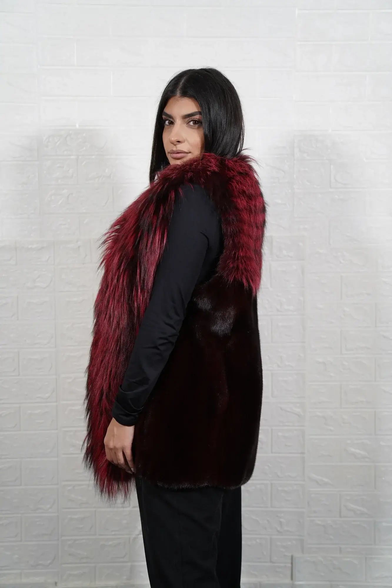 mink fur jacket with fox — full skin fox collar and front panels, long pile red black fox detail — Greek craftsmanship, TatiFurs
