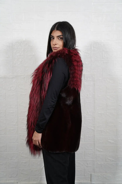 mink fur jacket with fox — full skin fox collar and front panels, long pile red black fox detail — Greek craftsmanship, TatiFurs
