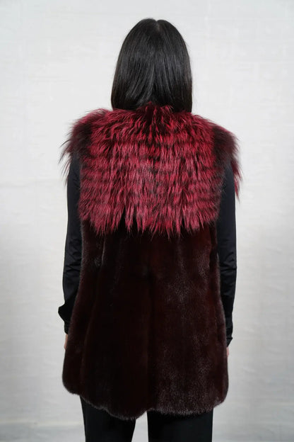 mink fur jacket with fox — back view, clean burgundy red vertical mink body, hip level — Greek craftsmanship, TatiFurs
