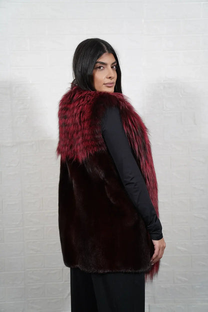 mink fur jacket with fox — worn over black turtleneck, red black fox against dark base — Greek craftsmanship, TatiFurs
