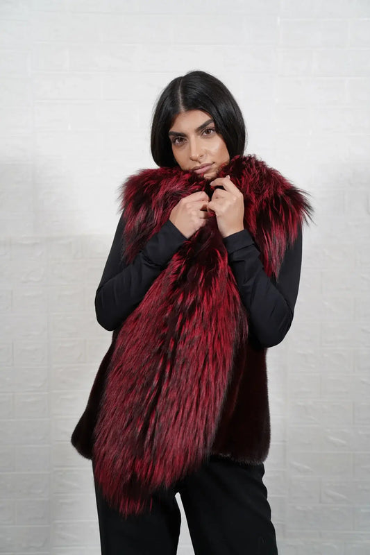 mink fur jacket with fox — burgundy red vertical mink body, red black fox shawl collar cascading full front, hip level, front view — Greek craftsmanship, TatiFurs

