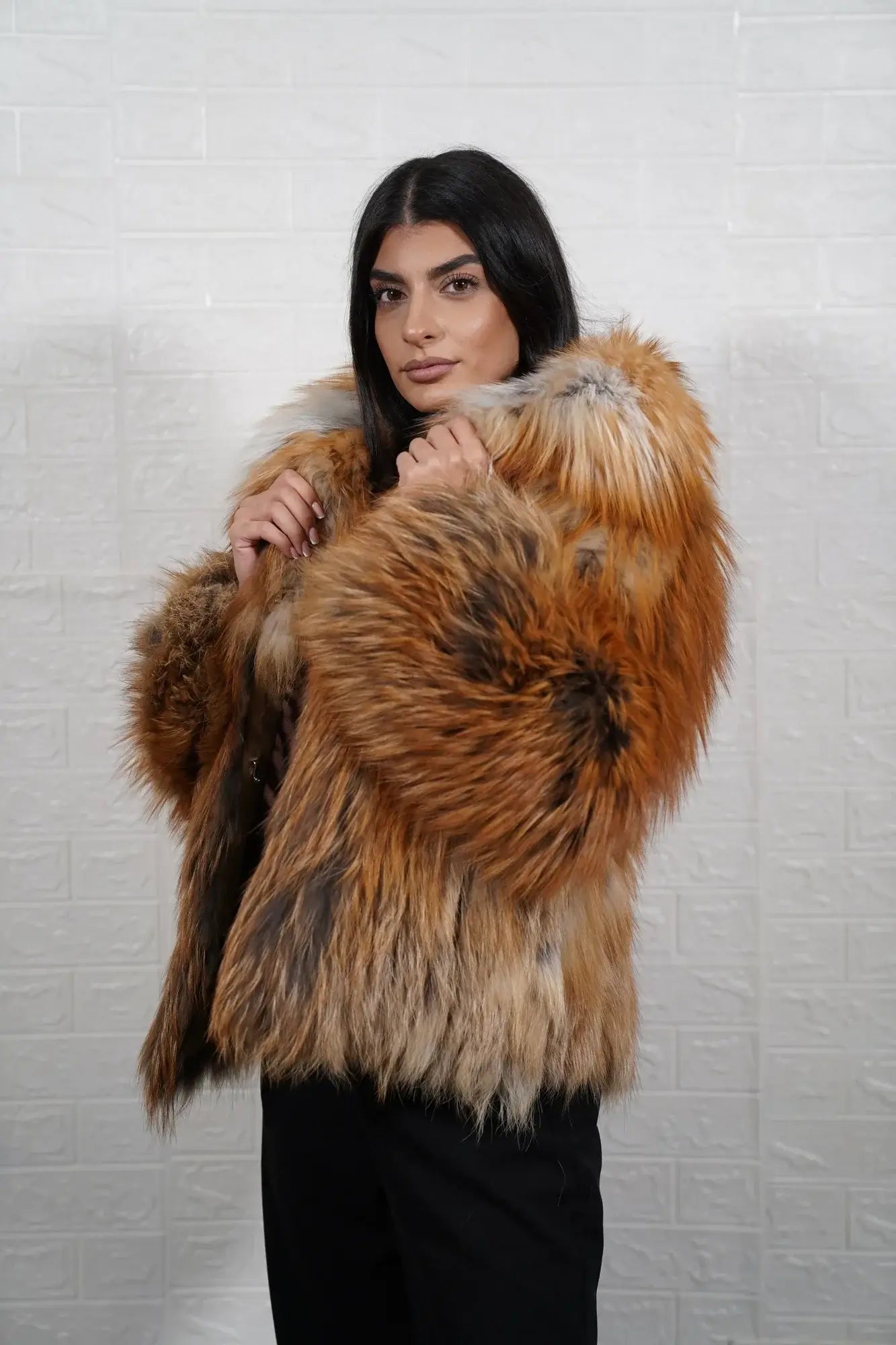 Fox fur jacket gold collar close-up showing precise matching between collar and shoulder skins in warm radiant gold fox — Greek craftsmanship, TatiFurs
