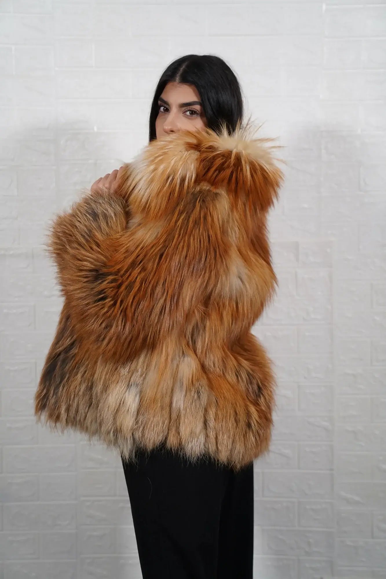 Fox fur jacket gold shown from the back displaying full hip level silhouette and consistent warm radiant gold fox full skin surface — Greek craftsmanship, TatiFurs

