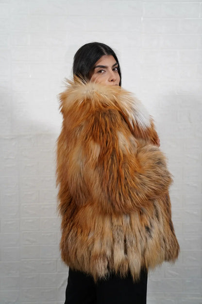 Fox fur jacket gold displaying full skin warm radiant gold fox and hip level collared silhouette — Greek craftsmanship, TatiFurs
