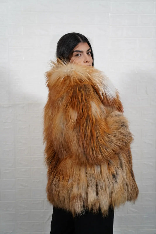 Fox fur jacket gold displaying full skin warm radiant gold fox and hip level collared silhouette — Greek craftsmanship, TatiFurs
