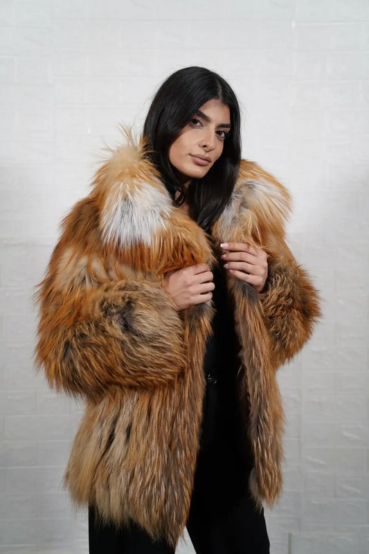 Fox fur jacket gold collar hip level women — front view, TatiFurs

