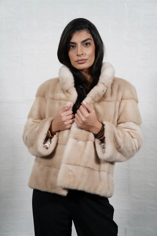 Mink fur jacket pastel beige collar button closure hip level women — front view, TatiFurs
