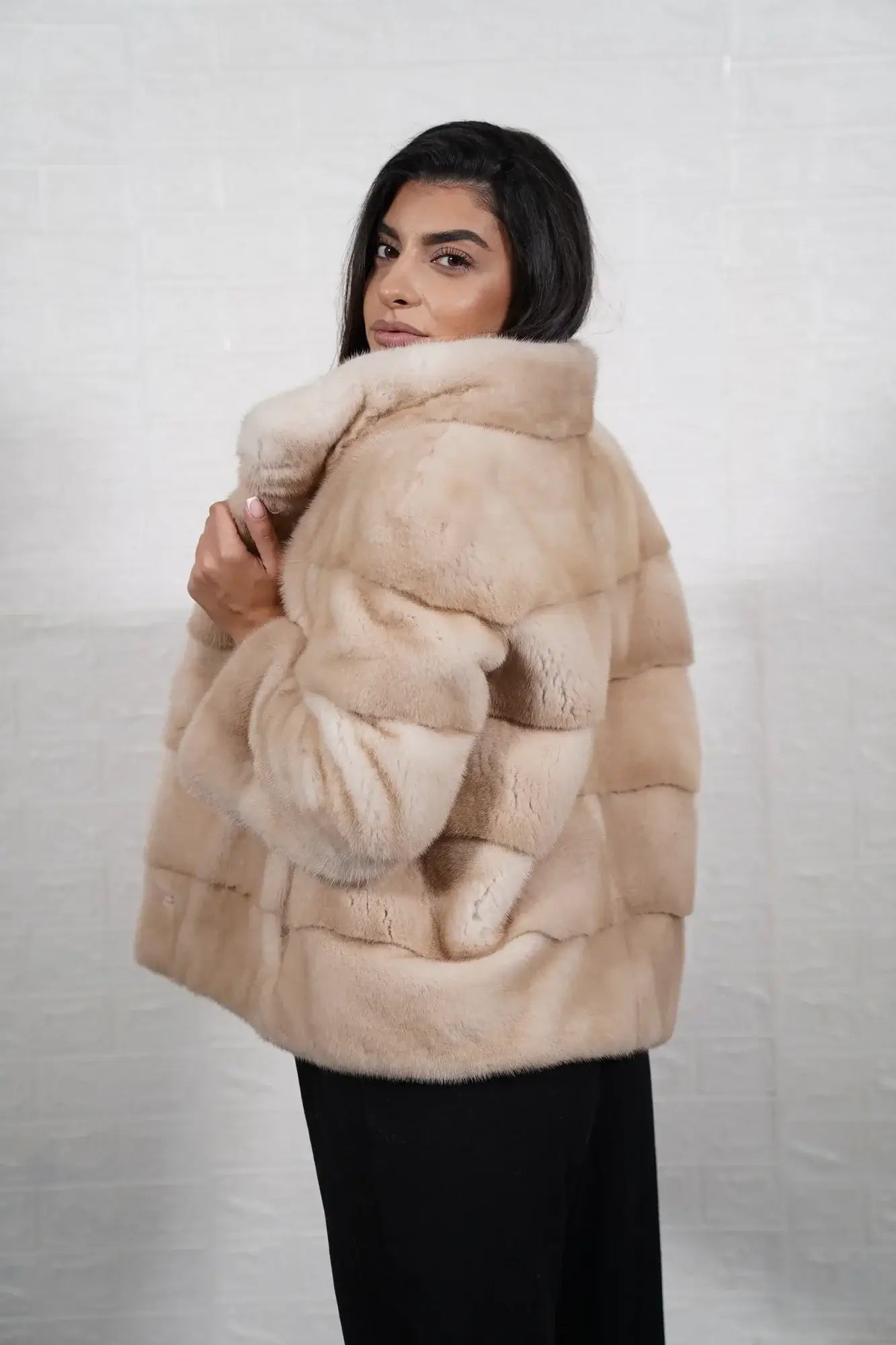 Mink fur jacket pastel beige women shown full length from front displaying collar frame and button closure in soft pastel beige mink — Greek craftsmanship, TatiFurs
