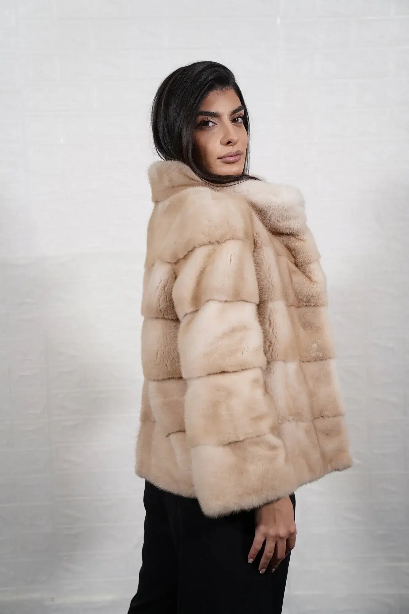 Mink fur jacket pastel beige — detail shot of premium satin lining inside hip level jacket — Greek craftsmanship, TatiFurs
