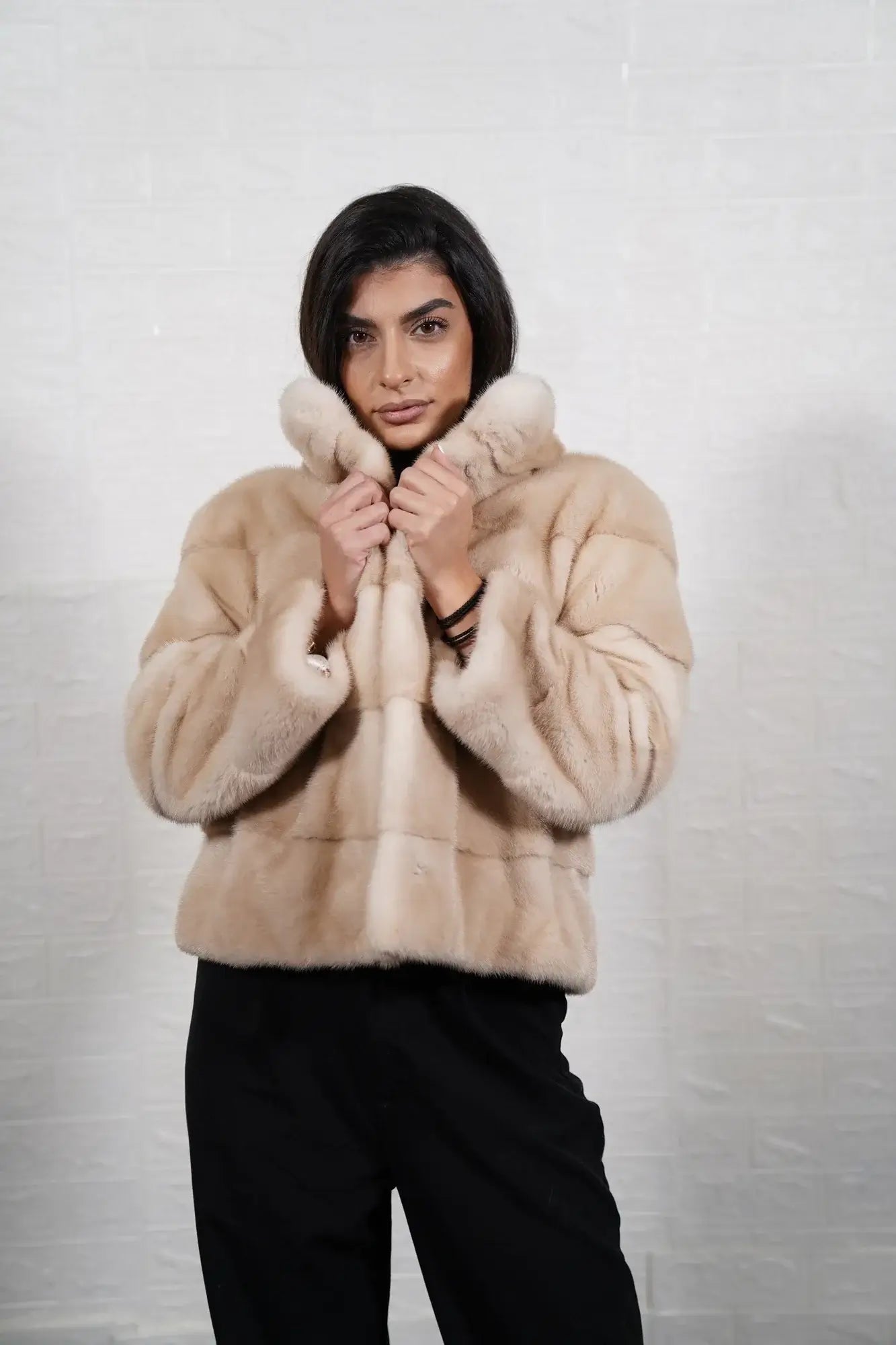 Mink fur jacket pastel beige with collar displaying soft delicate pastel beige tone and hip level skin on skin silhouette — Greek craftsmanship, TatiFurs
