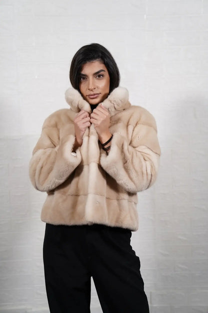 Mink fur jacket pastel beige with collar displaying soft delicate pastel beige tone and hip level skin on skin silhouette — Greek craftsmanship, TatiFurs
