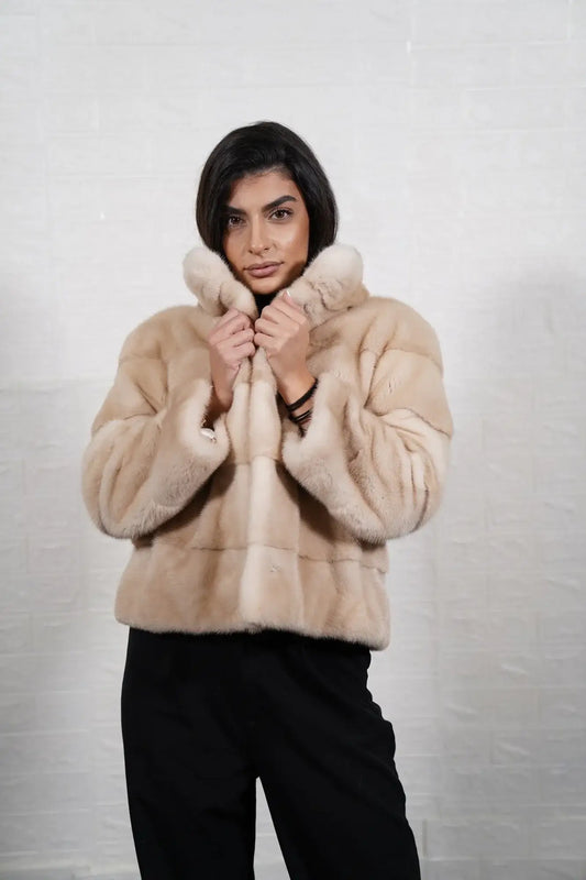 Mink fur jacket pastel beige with collar displaying soft delicate pastel beige tone and hip level skin on skin silhouette — Greek craftsmanship, TatiFurs
