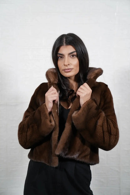 Mink fur jacket brown collar close-up showing precise pelt matching between collar and shoulder skins in deep flat brown solid mink — Greek craftsmanship, TatiFurs
