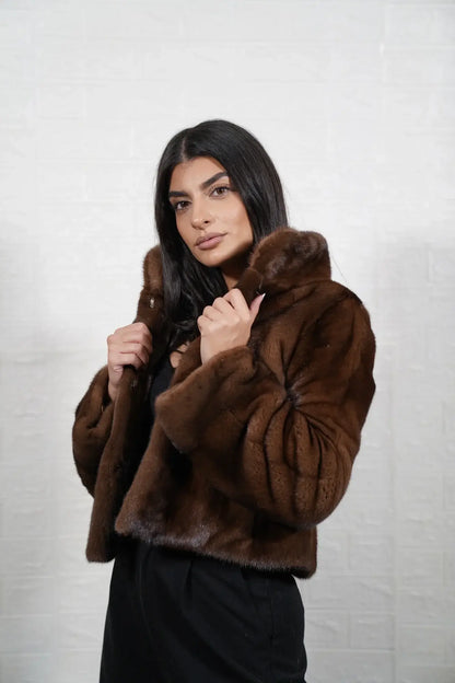 Mink fur jacket brown — detail shot of premium satin lining inside hip level jacket — Greek craftsmanship, TatiFurs
