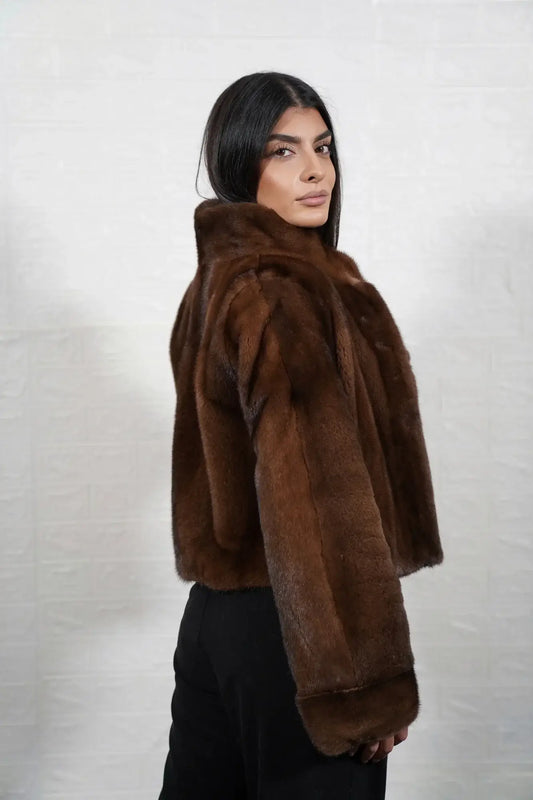 Mink fur jacket brown with collar displaying uniform flat brown solid pattern surface and hip level silhouette — Greek craftsmanship, TatiFurs
