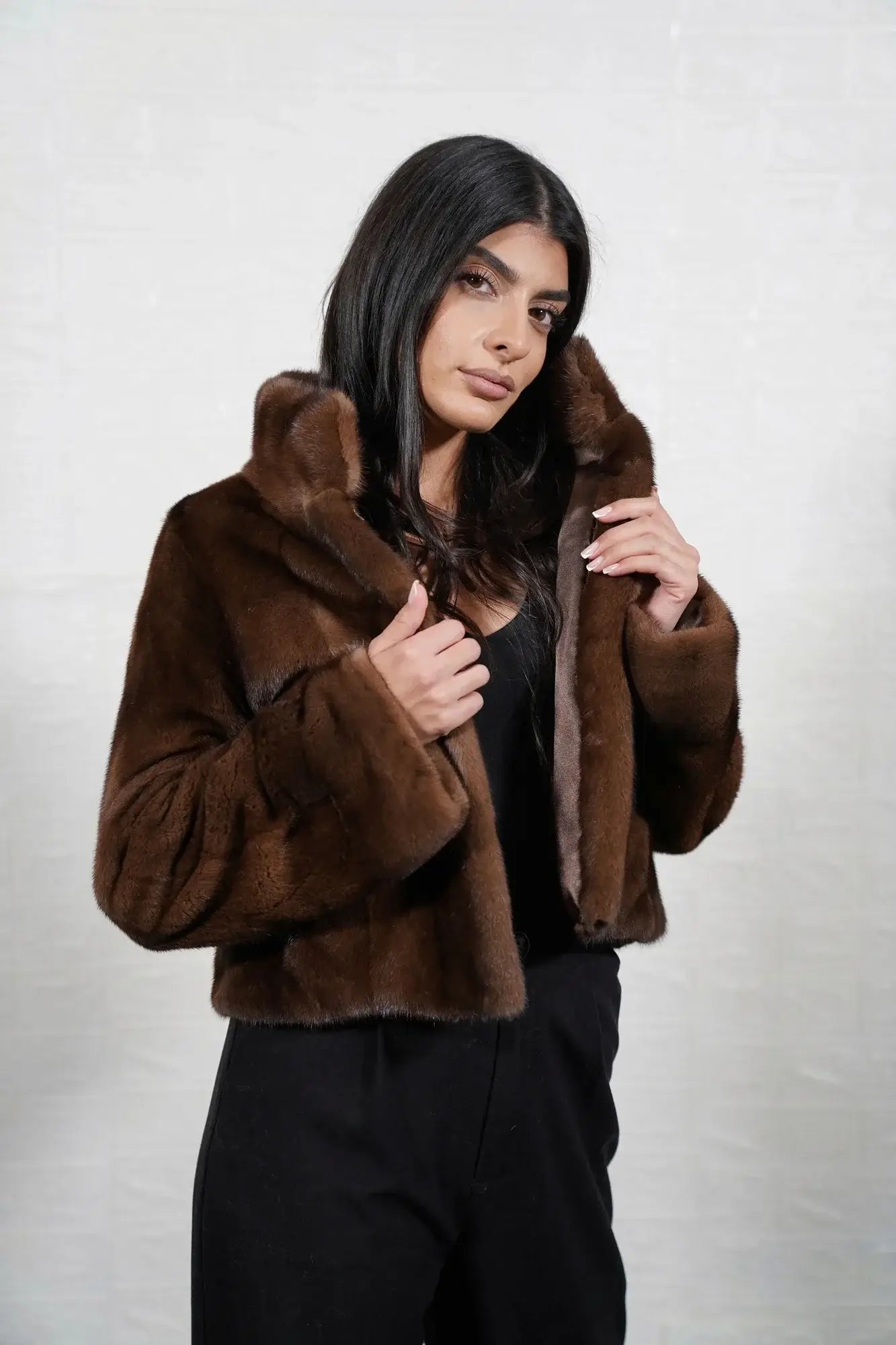 Mink fur jacket brown women shown full length from front displaying collar frame and button closure in solid flat brown mink — Greek craftsmanship, TatiFurs
