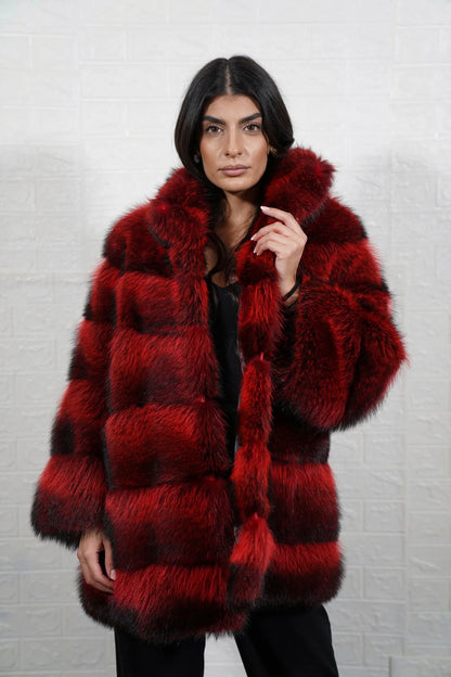 Raccoon fur jacket red black collar below hip women — front view, TatiFurs

