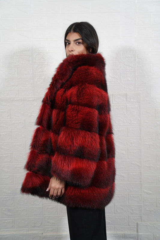 Raccoon fur jacket red black with collar displaying full skin fierce red black raccoon and below hip collared silhouette — Greek craftsmanship, TatiFurs

