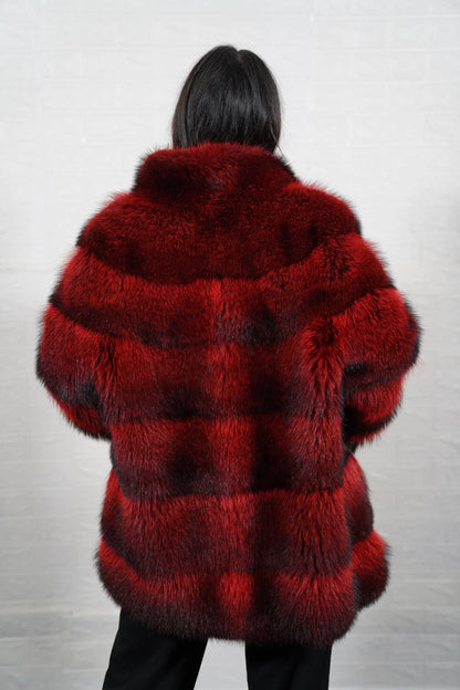 Raccoon fur jacket red black button closure detail showing clean commanding front line on full skin red black raccoon below hip jacket — Greek craftsmanship, TatiFurs
