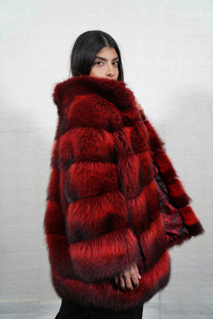 Raccoon fur jacket red black collar close-up showing precise skin matching between collar and shoulder skins in fierce red black raccoon — Greek craftsmanship, TatiFurs
