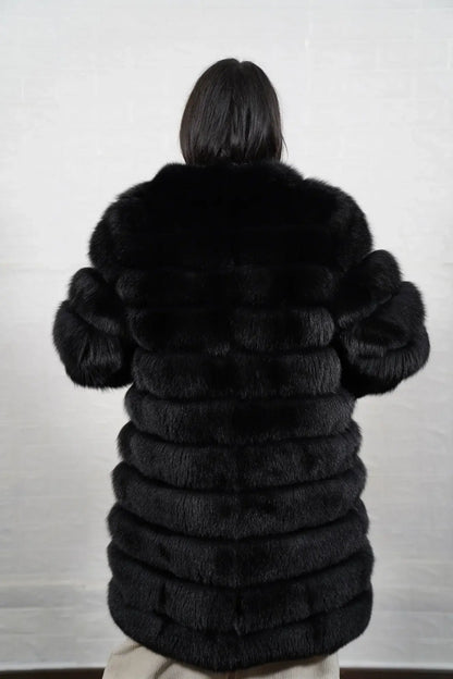 Fox fur coat black button closure detail showing clean commanding front line on horizontal leather trim black fox knee length coat — Greek craftsmanship, TatiFurs
