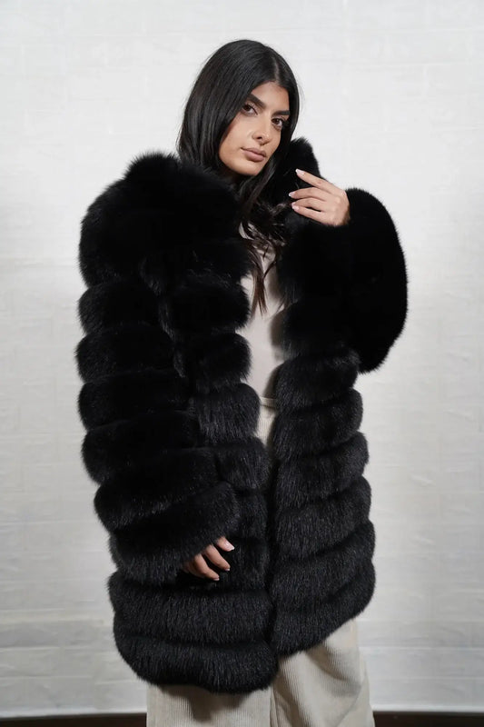 Fox fur coat black leather trim knee length women — front view, TatiFurs
