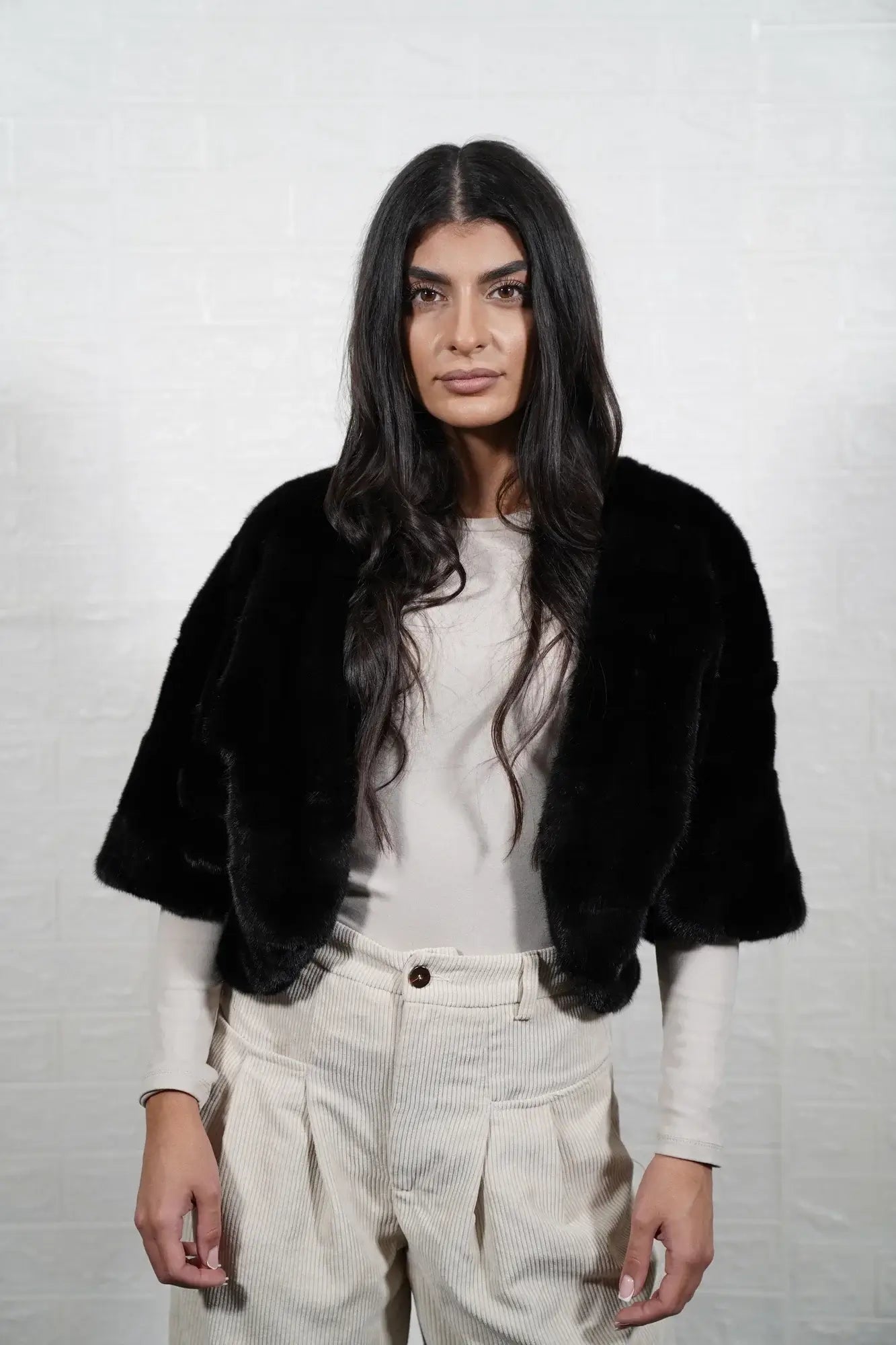 mink fur jacket black — full skin vertical construction, cropped bomber, button closure, front view — Greek craftsmanship, TatiFurs
