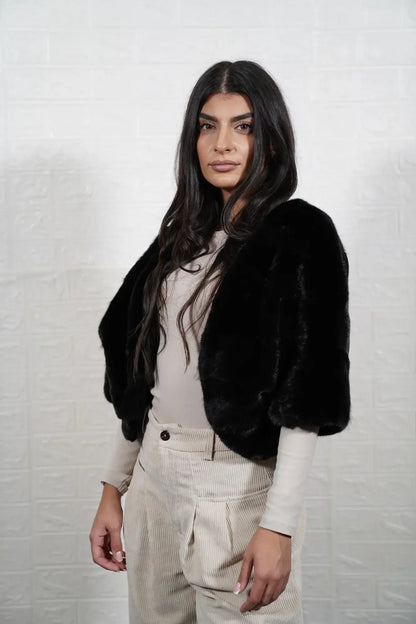 mink fur jacket black — full front view, button closure, deep uniform black tone — Greek craftsmanship, TatiFurs
