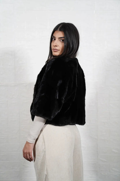 mink fur jacket black — vertical full skin mink construction, close-up surface detail — Greek craftsmanship, TatiFurs
