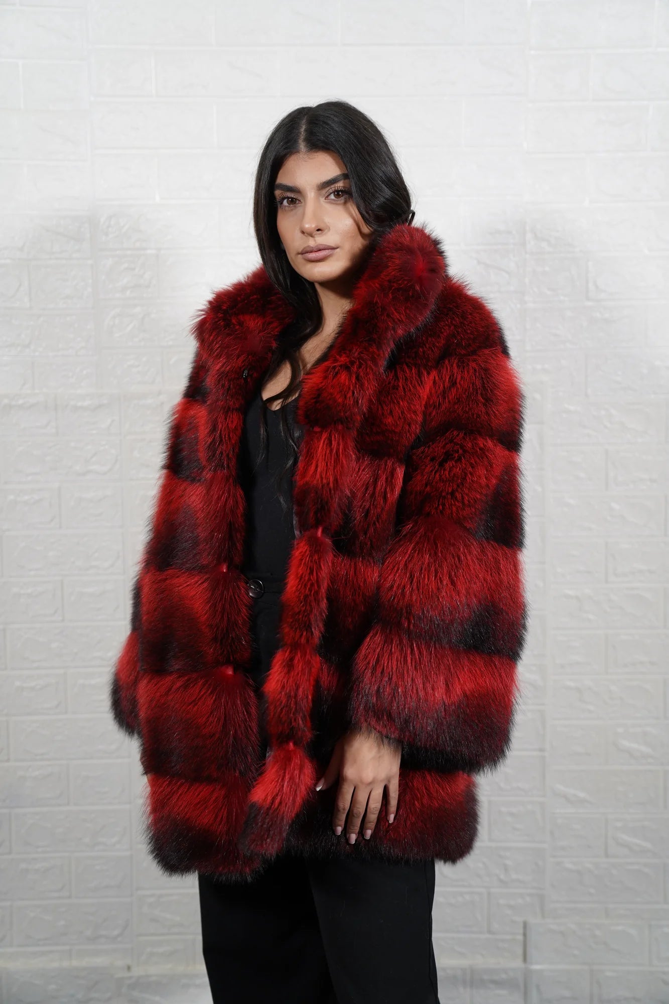 Raccoon fur jacket red black women shown full length from front displaying collar frame and button closure in full skin red black raccoon — Greek craftsmanship, TatiFurs
