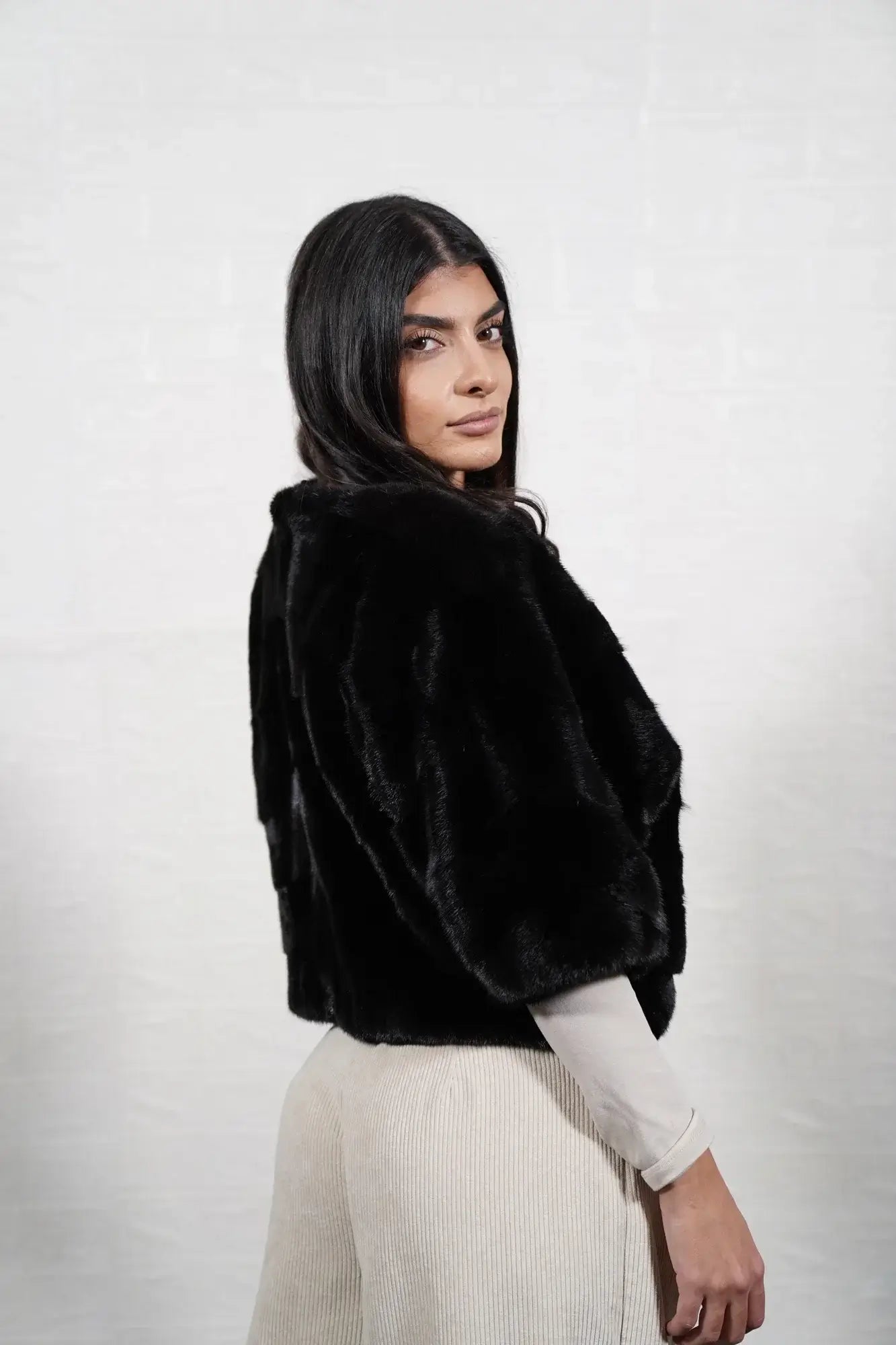 mink fur jacket black — back view, cropped bomber length, vertical full skin construction — Greek craftsmanship, TatiFurs
