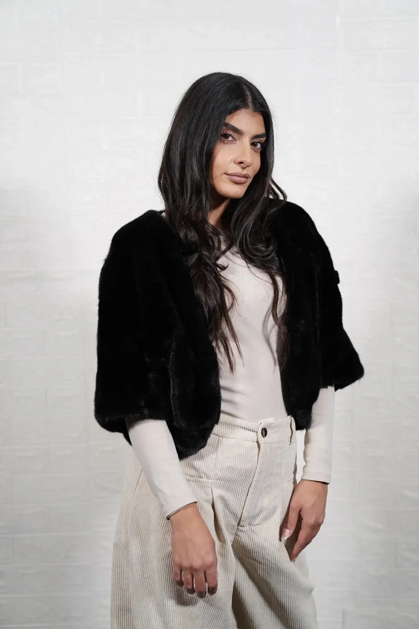 mink fur jacket black — worn over black turtleneck, total black uninterrupted layering — Greek craftsmanship, TatiFurs
