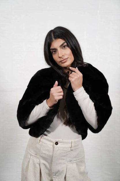 mink fur jacket black — side profile, cropped bomber length, vertical pelt direction — Greek craftsmanship, TatiFurs
